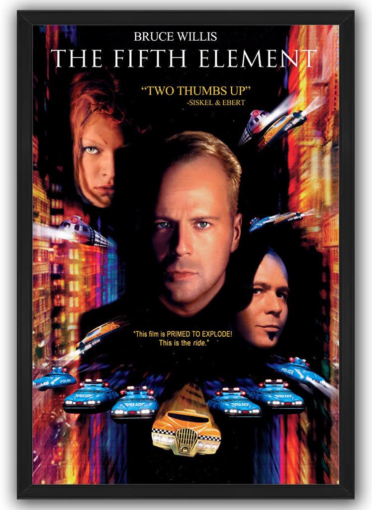 The Fifth Element framed wall art print with three faces above blue police cars and a yellow taxi racing through neon streets.