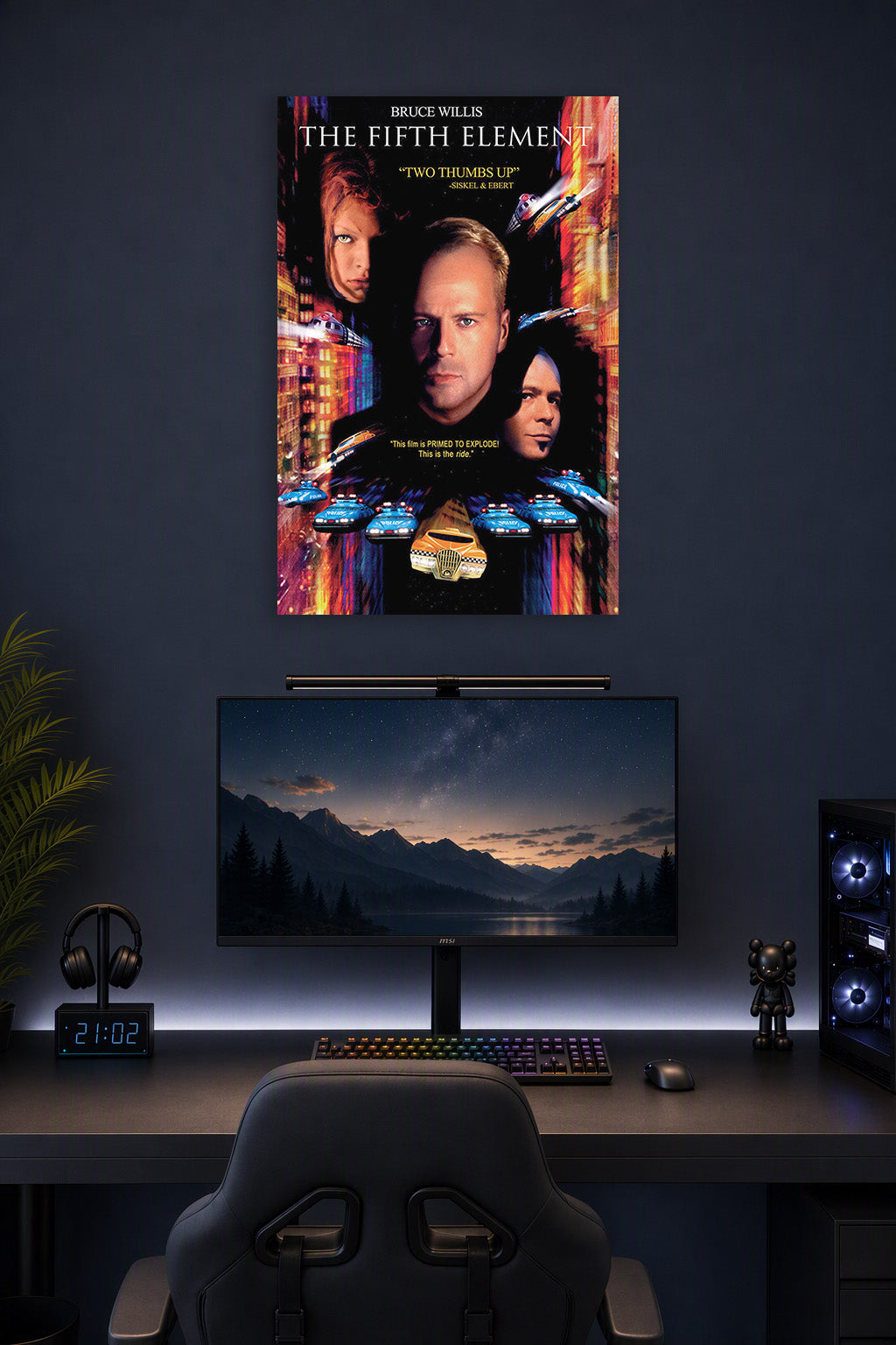 The Fifth Element Movies in a gaming desk setup above a monitor.