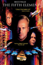 The Fifth Element poster with three character portraits, flying vehicles, blue police cars, and a yellow taxi in a neon city.
