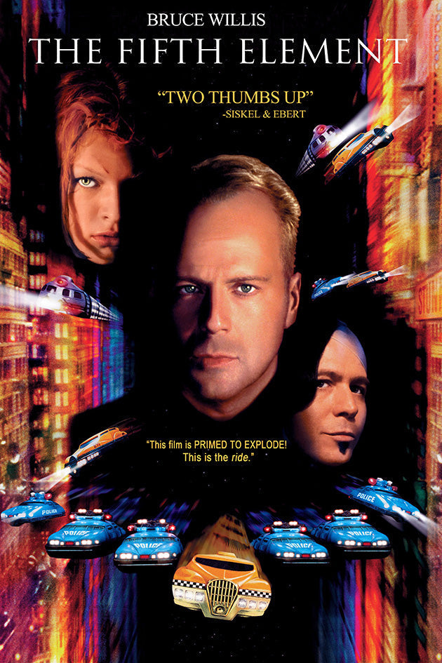 The Fifth Element poster with three character portraits, flying vehicles, blue police cars, and a yellow taxi in a neon city.