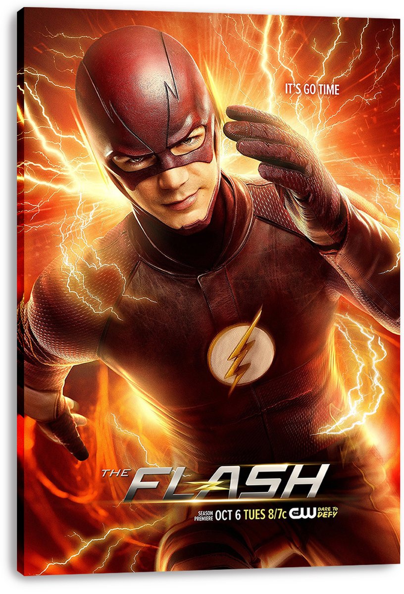 The Flash canvas wall art print displays the masked hero in a crimson suit surrounded by vivid orange lightning bolts.