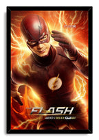 The Flash framed wall art print portrays the red-suited speedster reaching forward against a fiery orange lightning backdrop.