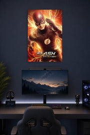 The Flash in a gaming desk setup above a monitor.