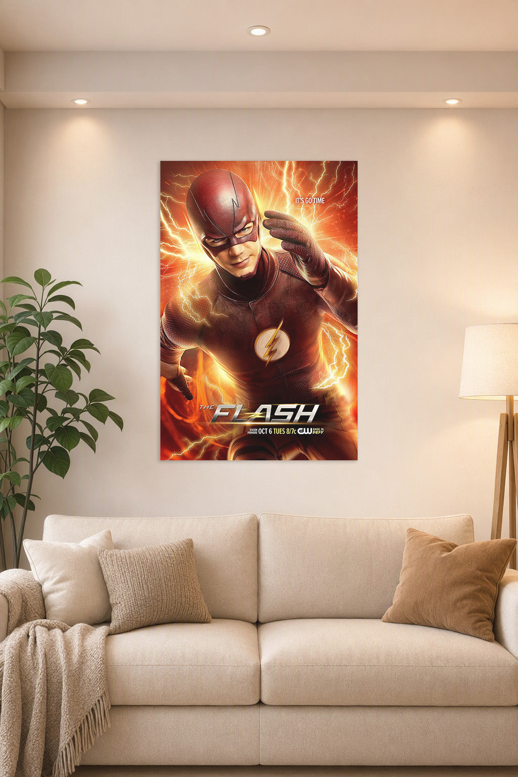 The Flash in a bright living room above a beige sofa.