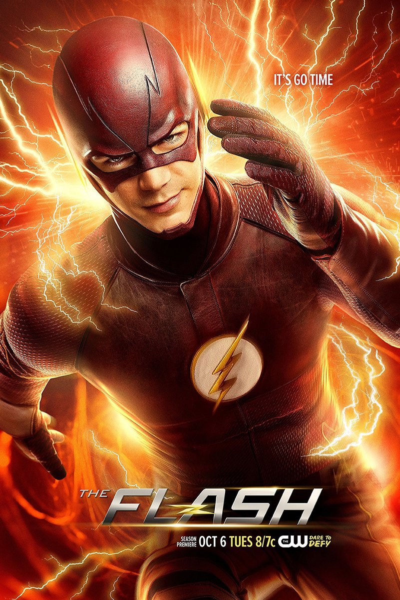 The Flash poster features the red-suited hero reaching forward amid orange lightning, with the series logo below.