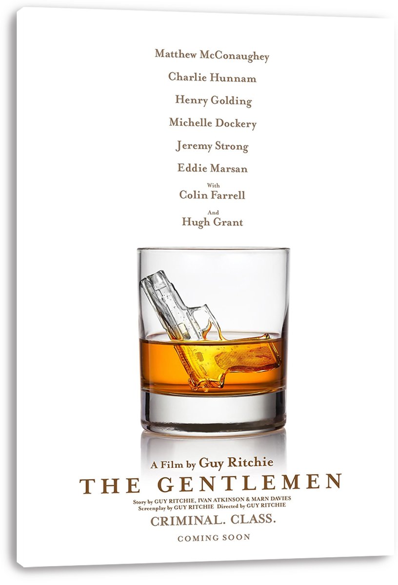 The Gentlemen canvas wall art print presents amber whiskey and a pistol-shaped ice cube in a tumbler on a clean white design.
