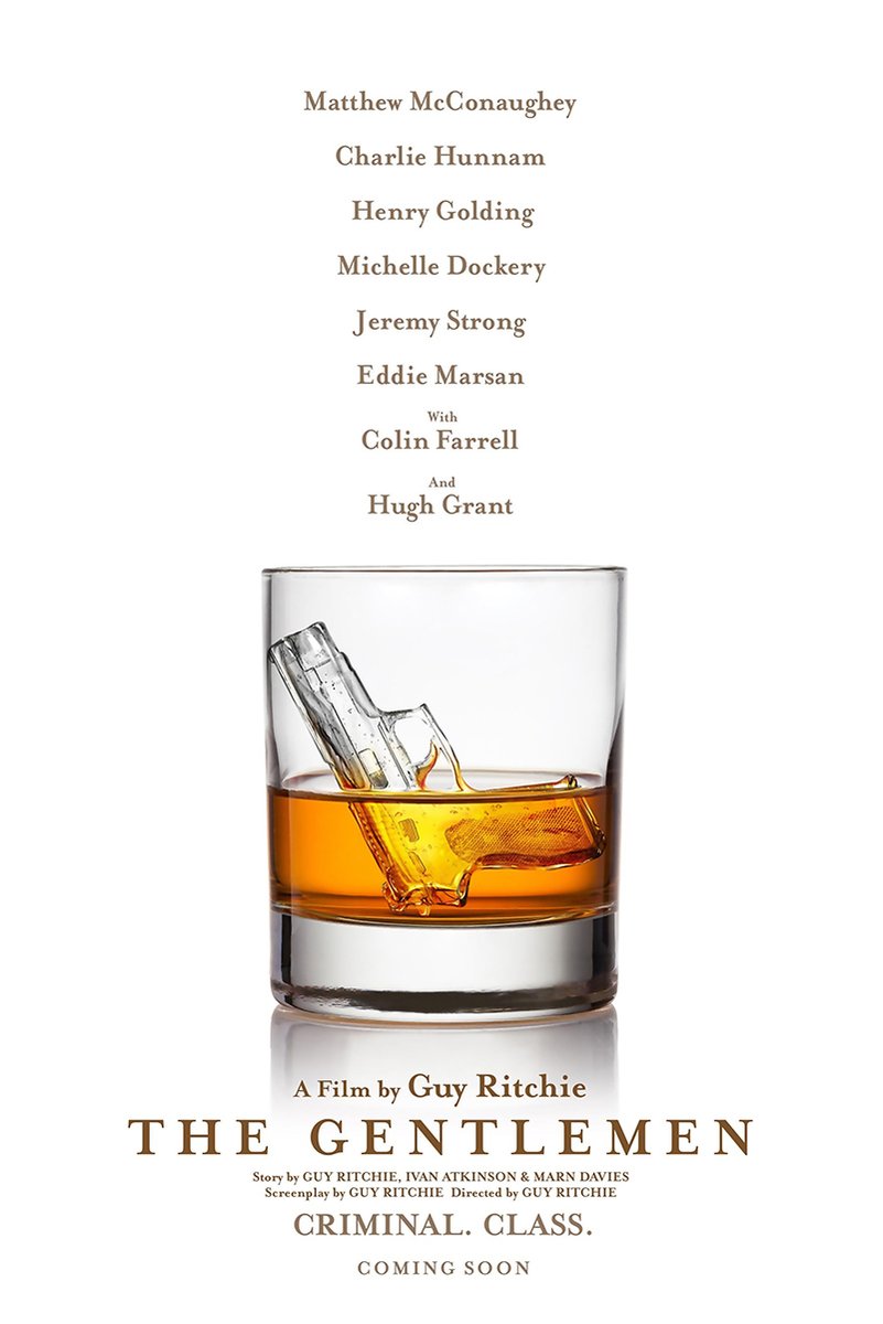 The Gentlemen movie poster features a whiskey tumbler with a gun-shaped ice cube, cast names, and brown typography on white.