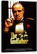 The Godfather canvas wall art print displays Vito Corleone raising his hand, with gold title lettering and marionette logo.