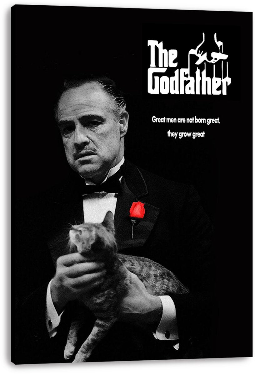 The Godfather wall art print on a black-edged canvas depicts Vito Corleone with a cat, red rose, logo, and quote.