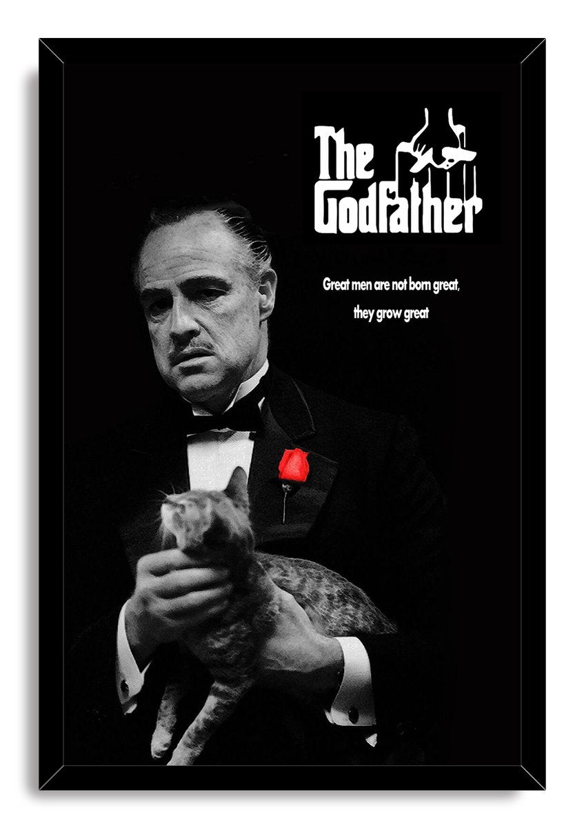 The Godfather framed wall art print portrays Vito Corleone holding a cat beneath white logo text, accented by a red rose.