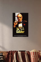 The Godfather in a cozy movie room above a brown sofa with popcorn.