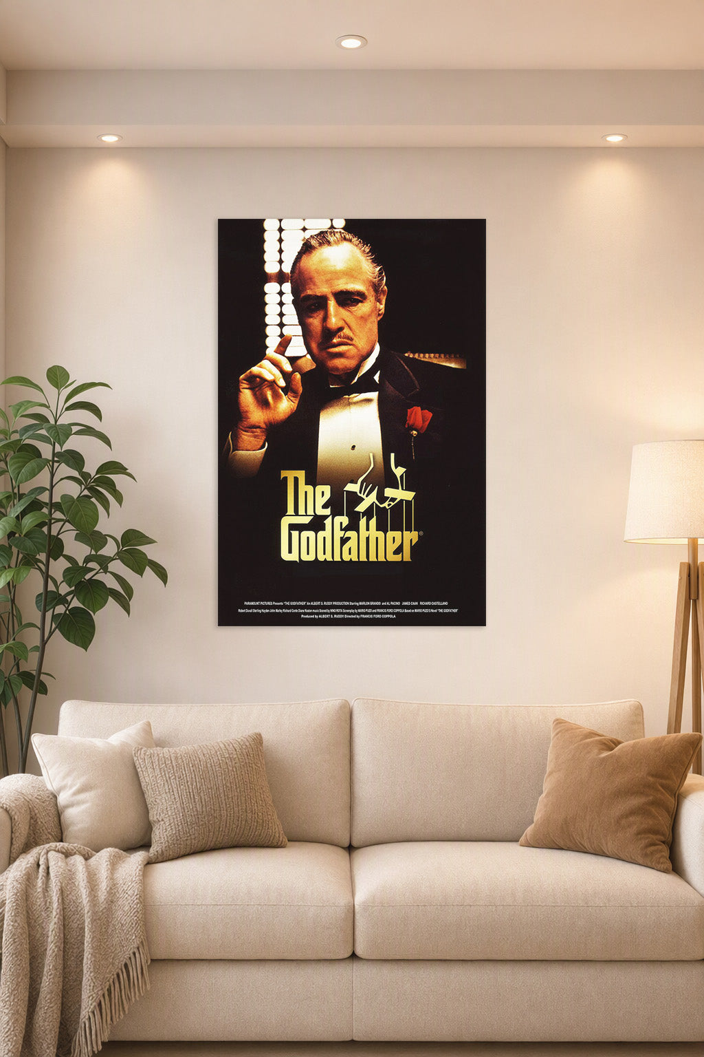 The Godfather in a bright living room above a beige sofa.