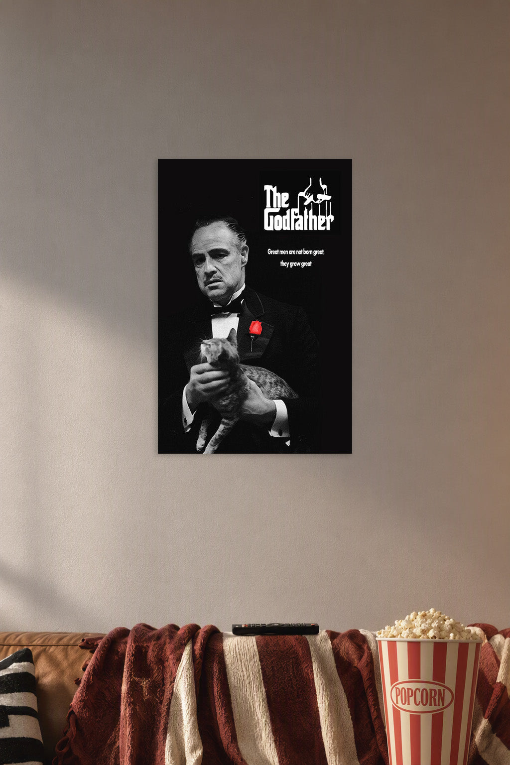 The Godfather in a cozy movie room above a brown sofa with popcorn.