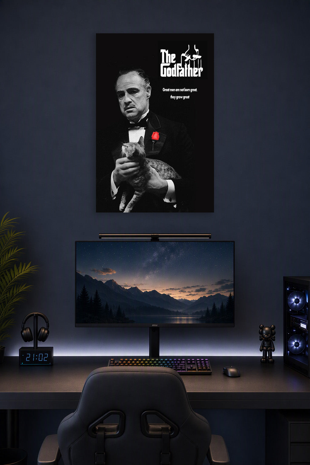 The Godfather in a gaming desk setup above a monitor.
