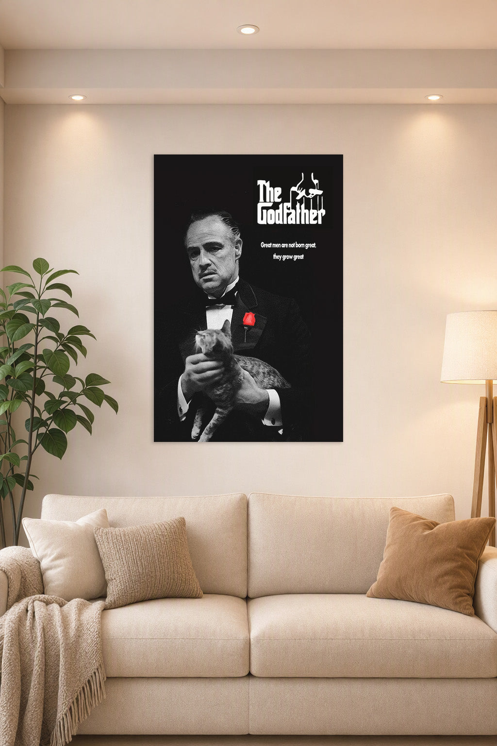 The Godfather in a bright living room above a beige sofa.