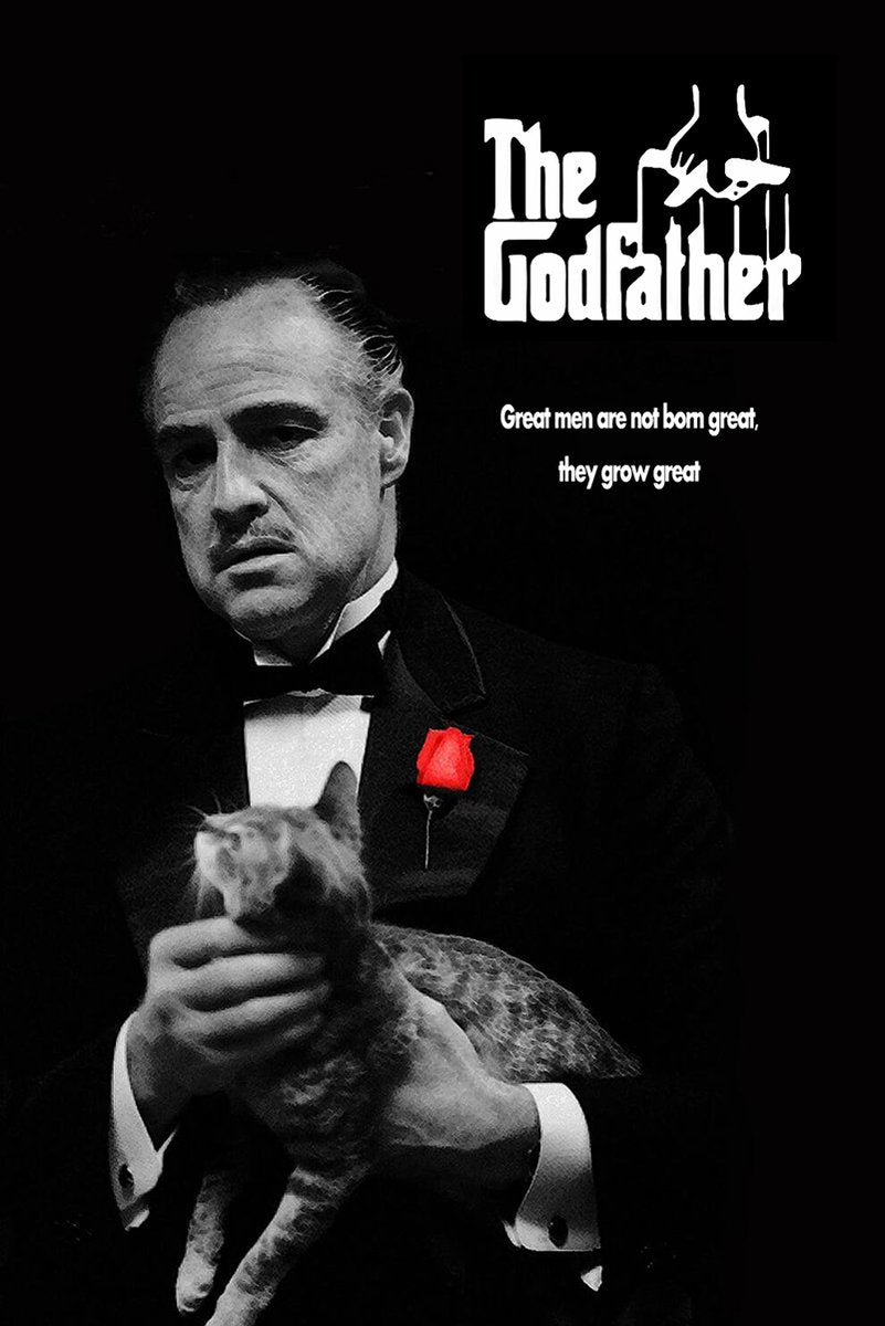 The Godfather poster features a black-and-white portrait of Vito Corleone holding a cat, with a red rose and white title text.