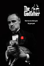 The Godfather poster features a black-and-white portrait of Vito Corleone holding a cat, with a red rose and white title text.