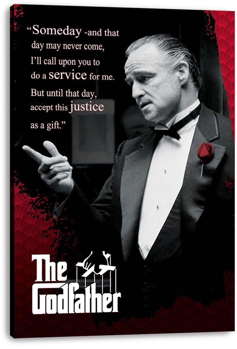 The Godfather canvas wall art print displays Don Vito Corleone pointing in a tuxedo beside a quote and red patterned accents.