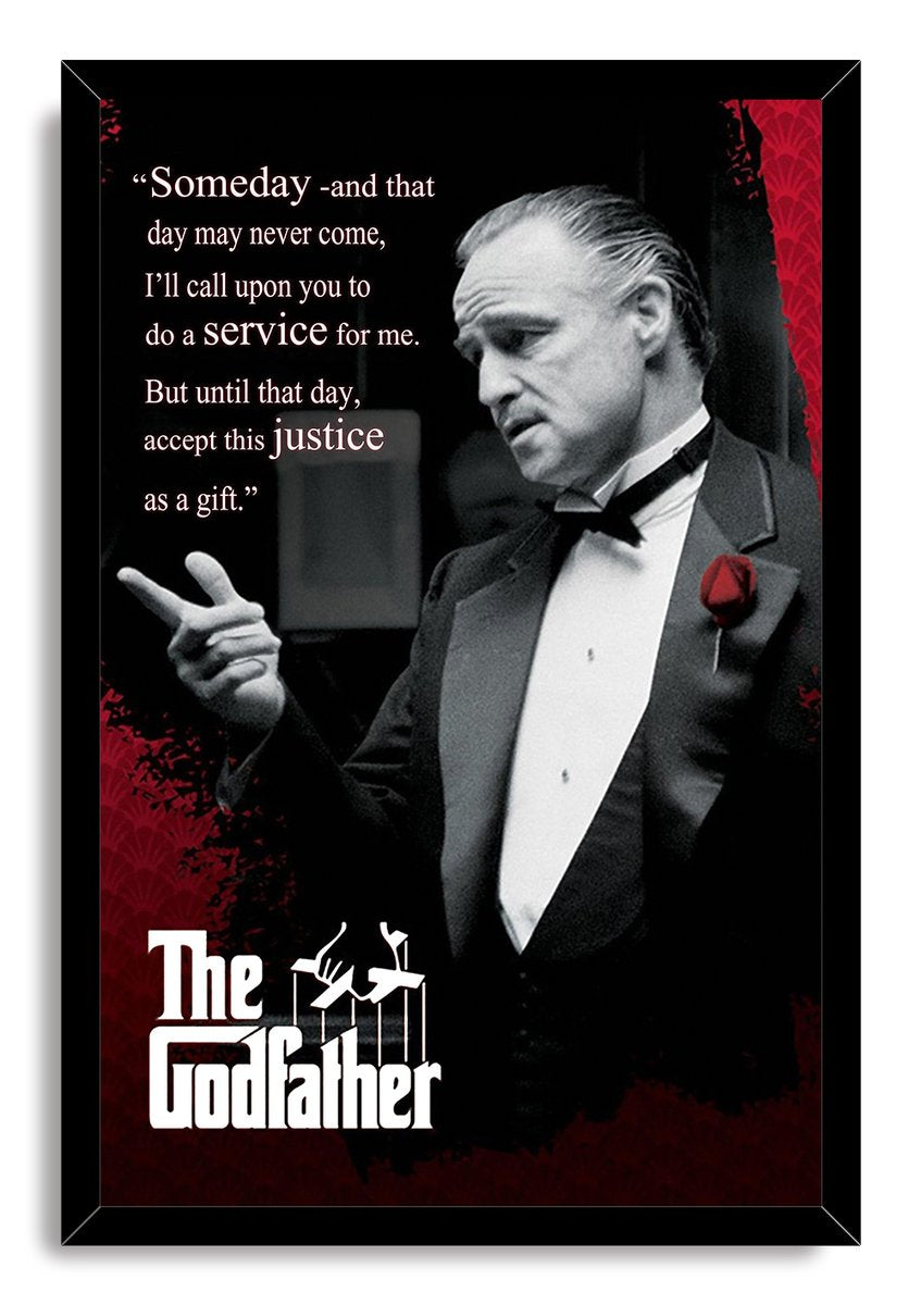 The Godfather framed wall art print presents Don Vito Corleone in black and white, with a red rose, quote, and black frame.