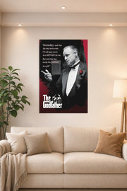 The Godfather Don Vito Corleone in a bright living room above a beige sofa.
