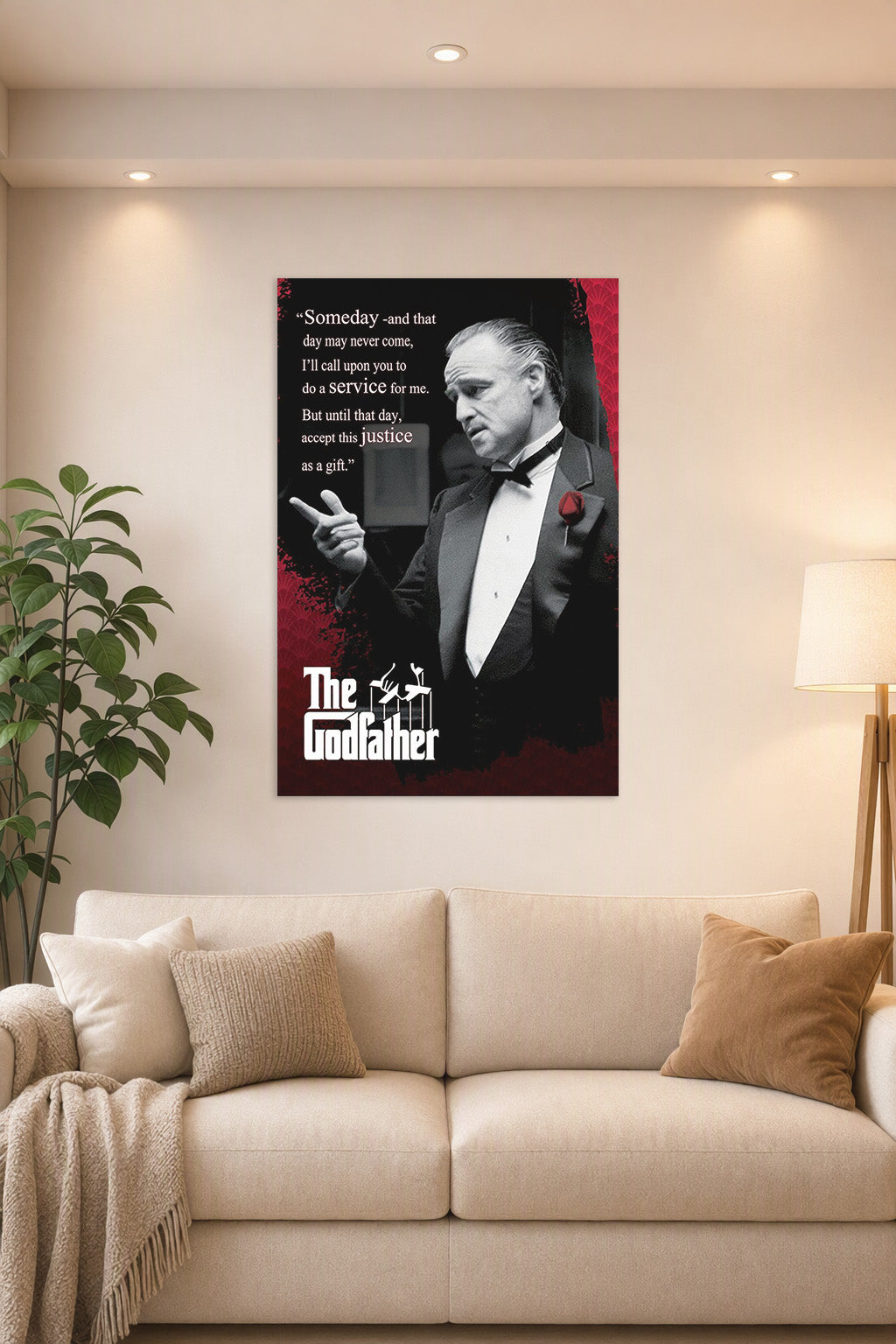 The Godfather Don Vito Corleone in a bright living room above a beige sofa.