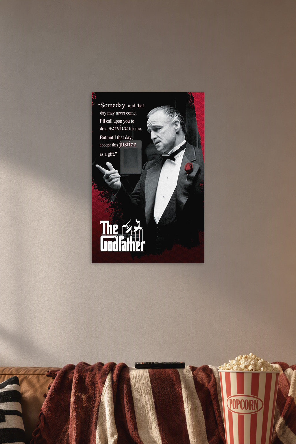 The Godfather Don Vito Corleone in a cozy movie room above a brown sofa with popcorn.