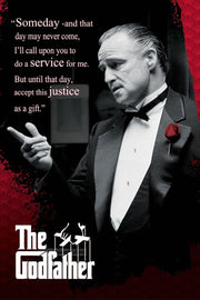 The Godfather wall art print features Don Vito Corleone in a tuxedo with a red rose, quote text, and red-black border.