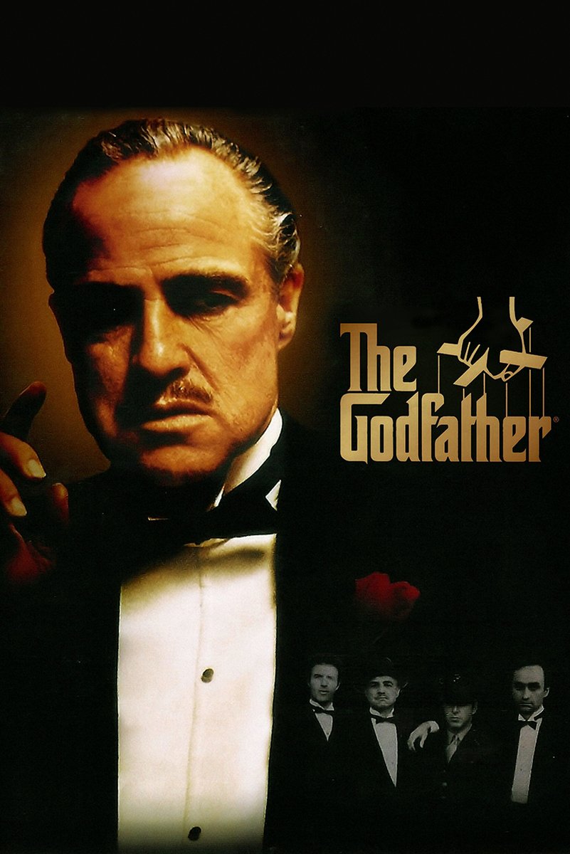 The Godfather poster features Vito Corleone in a black tuxedo beside the gold title and puppet-hand logo, with four suited men below.