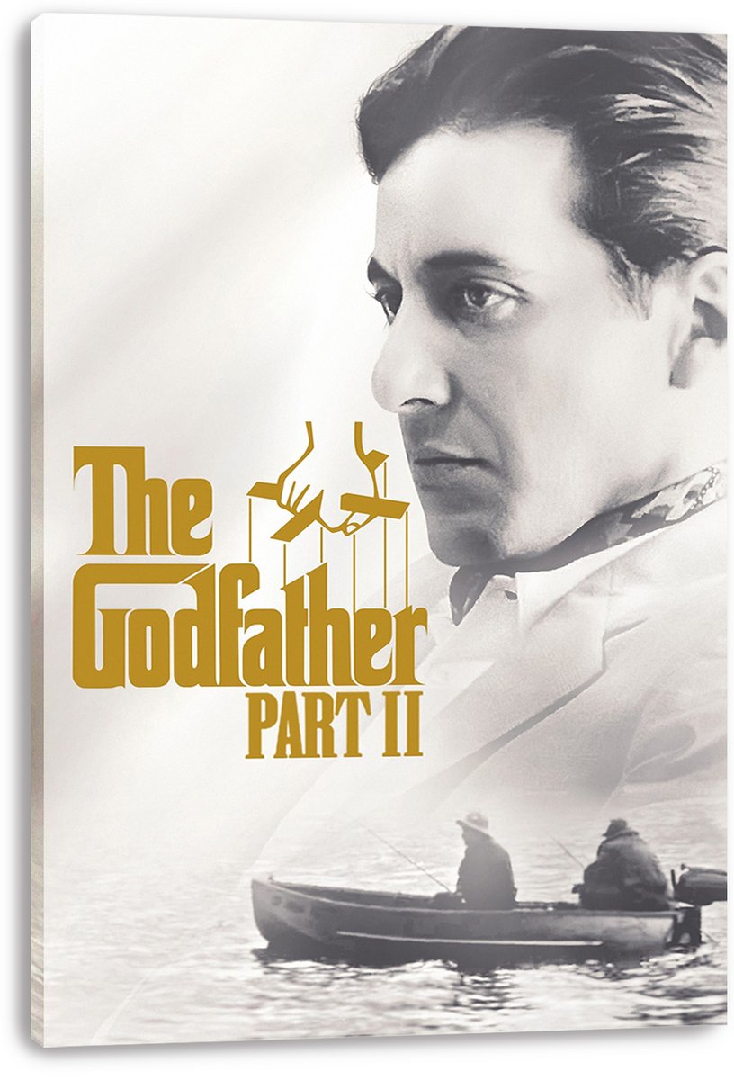 The Godfather Part II canvas wall art print displays Michael Corleone in grayscale above gold typography and a small fishing boat scene.
