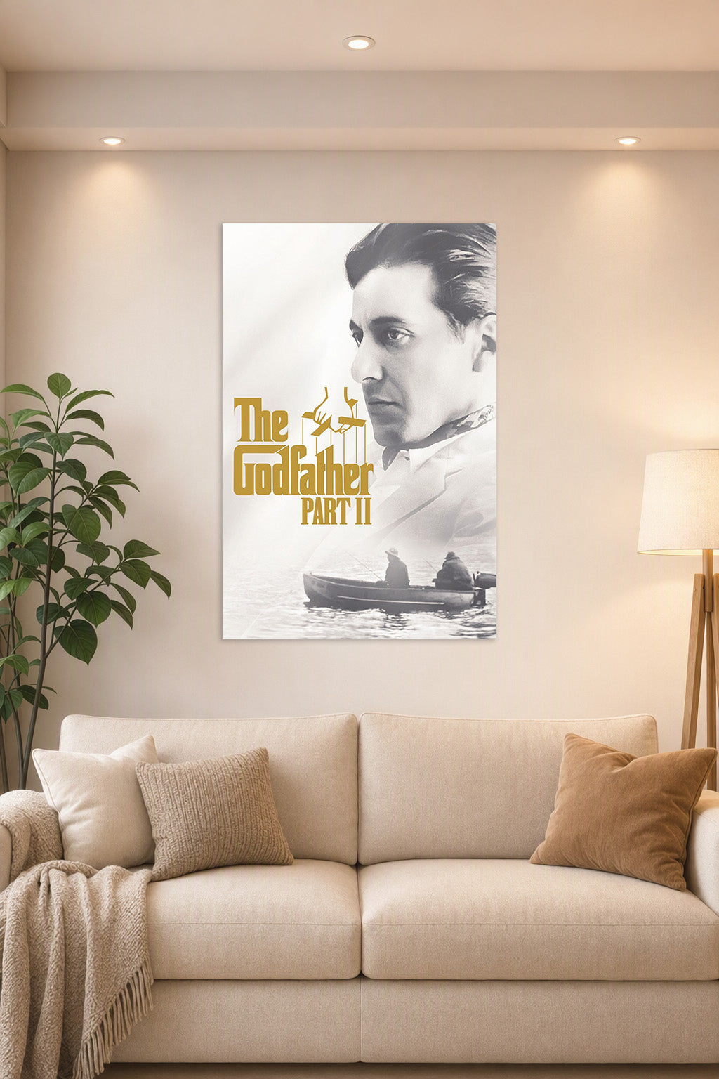 The Godfather Part II in a bright living room above a beige sofa.