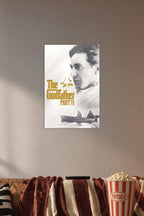 The Godfather Part II in a cozy movie room above a brown sofa with popcorn.