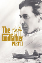 The Godfather Part II poster features a monochrome portrait of Michael Corleone, gold title lettering, and two men fishing from a boat.