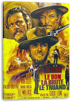 The Good, the Bad and the Ugly canvas wall art print displays three cowboy faces, a raised revolver, and French typography on a thick wrapped edge.