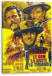 The Good, the Bad and the Ugly canvas wall art print displays three cowboy faces, a raised revolver, and French typography on a thick wrapped edge.