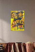 The Good The Bad The Ugly Movie Poster in a cozy movie room above a brown sofa with popcorn.