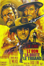 The Good, the Bad and the Ugly poster features three rugged cowboy portraits, a revolver, desert battle scenes, and French title text in vivid yellow and red.