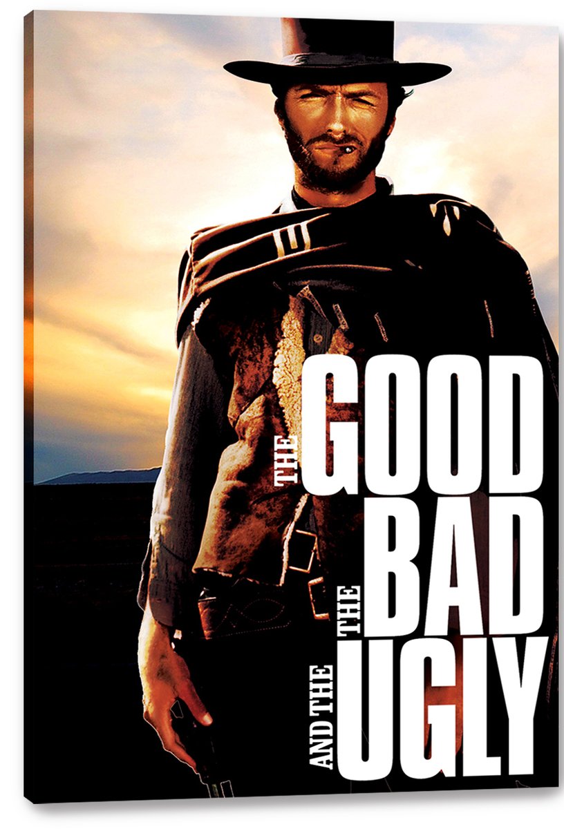 The Good, the Bad and the Ugly canvas wall art print featuring Clint Eastwood in cowboy attire with bold white title text.