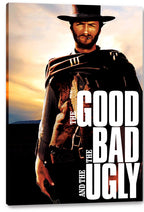 The Good, the Bad and the Ugly canvas wall art print featuring Clint Eastwood in cowboy attire with bold white title text.