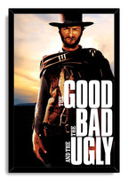 The Good, the Bad and the Ugly framed wall art print of Clint Eastwood in a poncho beneath a warm sunset sky.