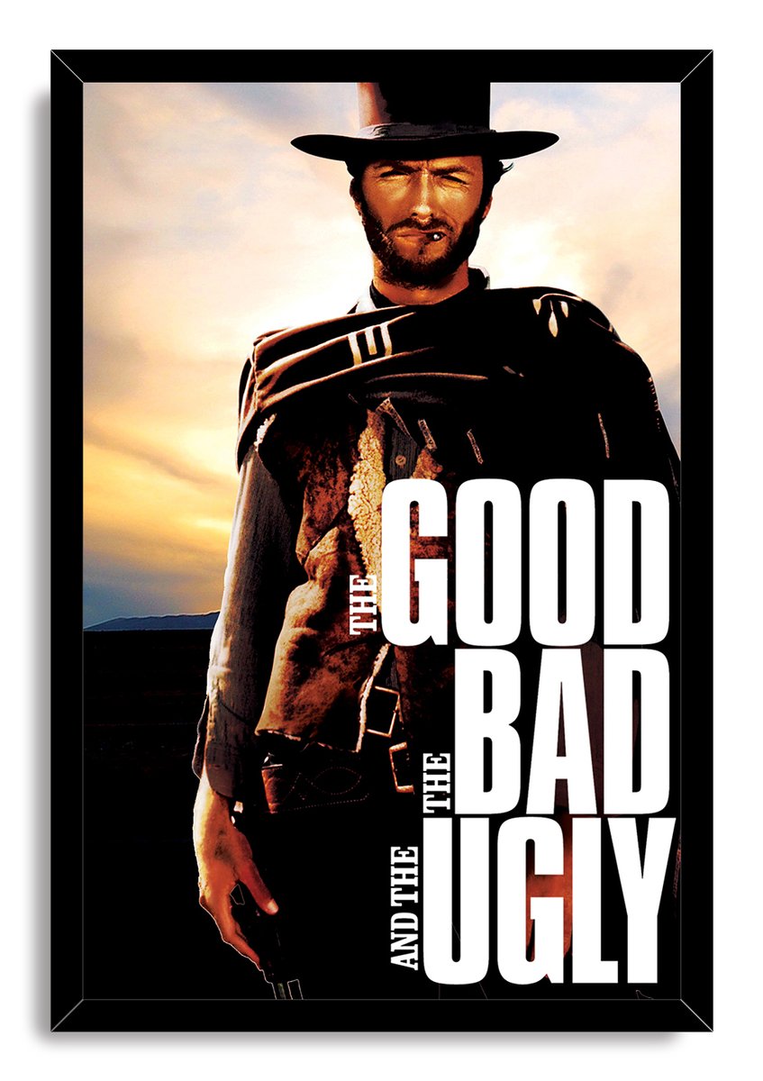The Good, the Bad and the Ugly framed wall art print of Clint Eastwood in a poncho beneath a warm sunset sky.