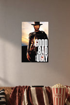 The Good The Bad and The Ugly Clint Eastwood in a cozy movie room above a brown sofa with popcorn.