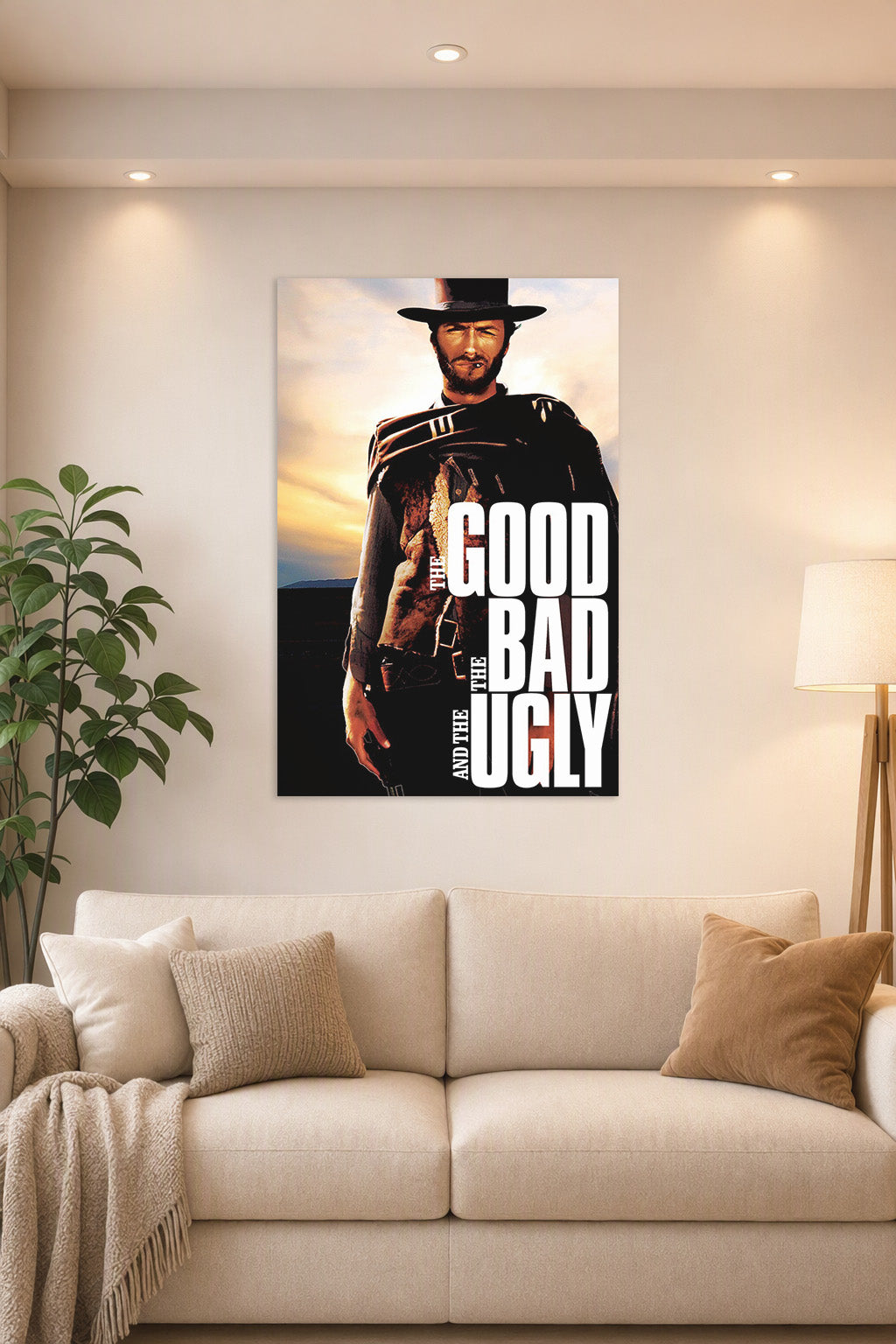 The Good The Bad and The Ugly Clint Eastwood in a bright living room above a beige sofa.