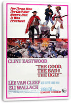 The Good, The Bad and The Ugly wall art print on a white canvas, featuring a cannon, three men, and battlefield action.