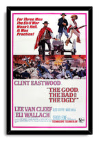 The Good, The Bad and The Ugly framed wall art print with a black frame, pink border, cannon, and Civil War battle scene.