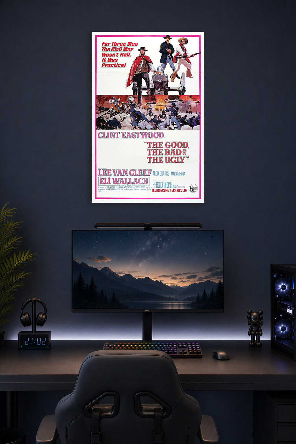 The Good, The Bad and The Ugly in a gaming desk setup above a monitor.