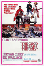 The Good, The Bad and The Ugly poster with three armed men atop a cannon over a fiery Civil War battle scene.