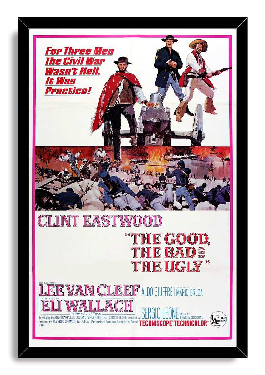 The Good, The Bad and The Ugly framed wall art print with a black frame, Western gunmen, cannon, and Civil War battle.
