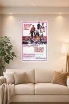 The Good, The Bad and The Ugly Movie Poster in a bright living room above a beige sofa.