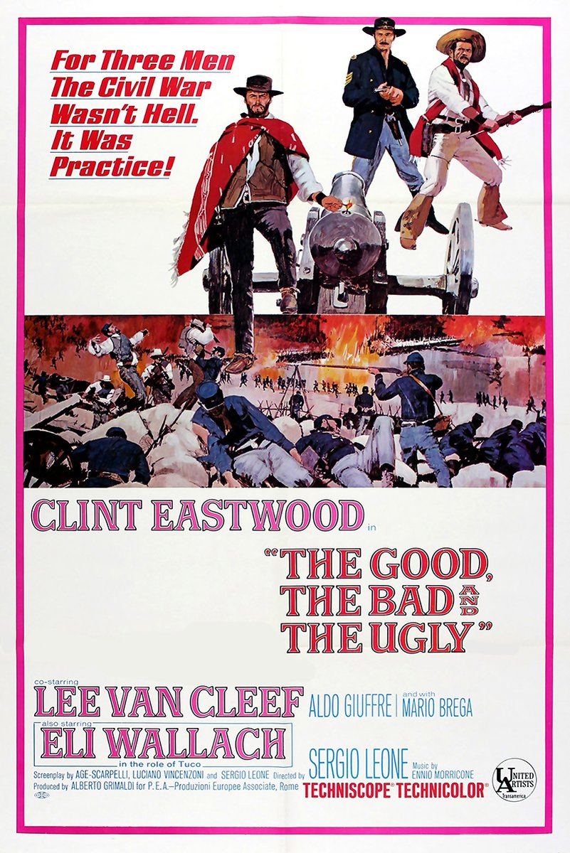 The Good, The Bad and The Ugly poster with three armed men, a cannon, and a red Civil War battle scene.
