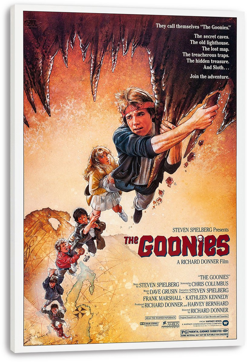 The Goonies canvas wall art print displays adventurers dangling through a dark cave, with orange tones and bold red title lettering.